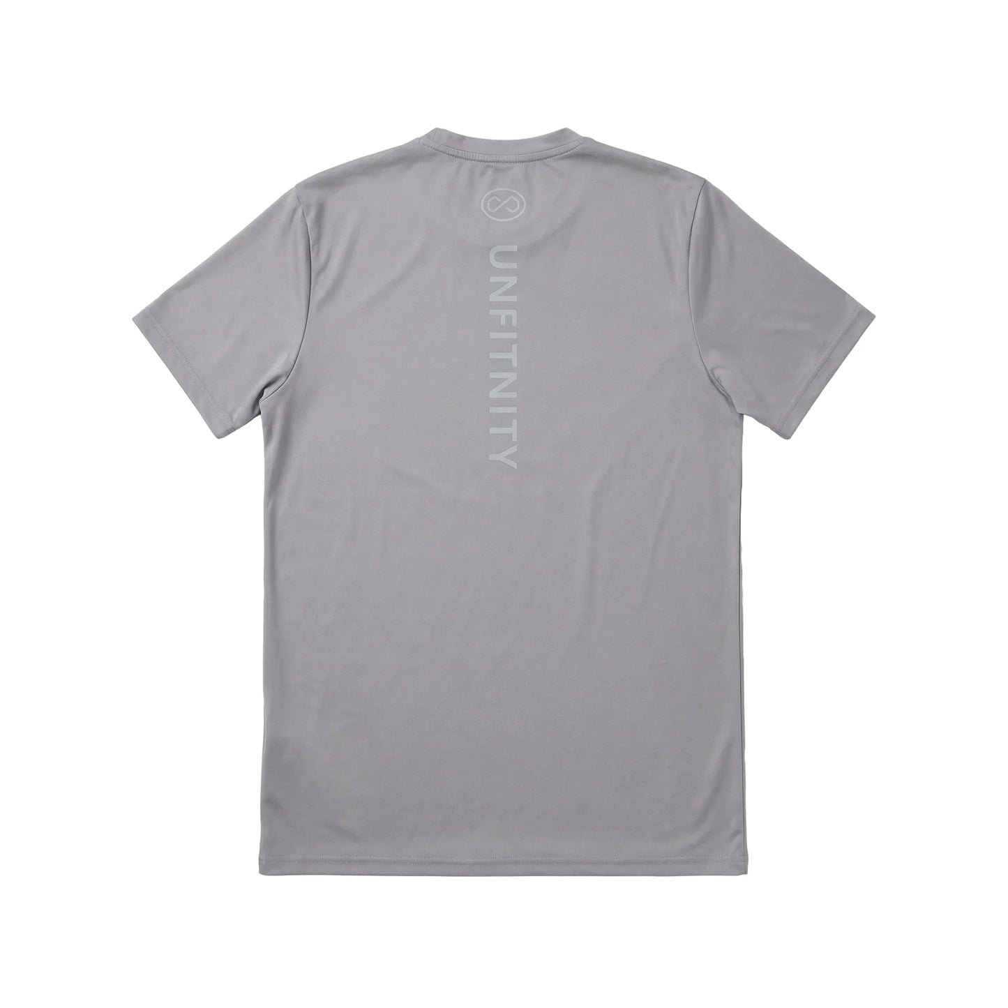 T-shirt gris dos, coupe droite, inscription verticale et logo discrets, style minimal sport