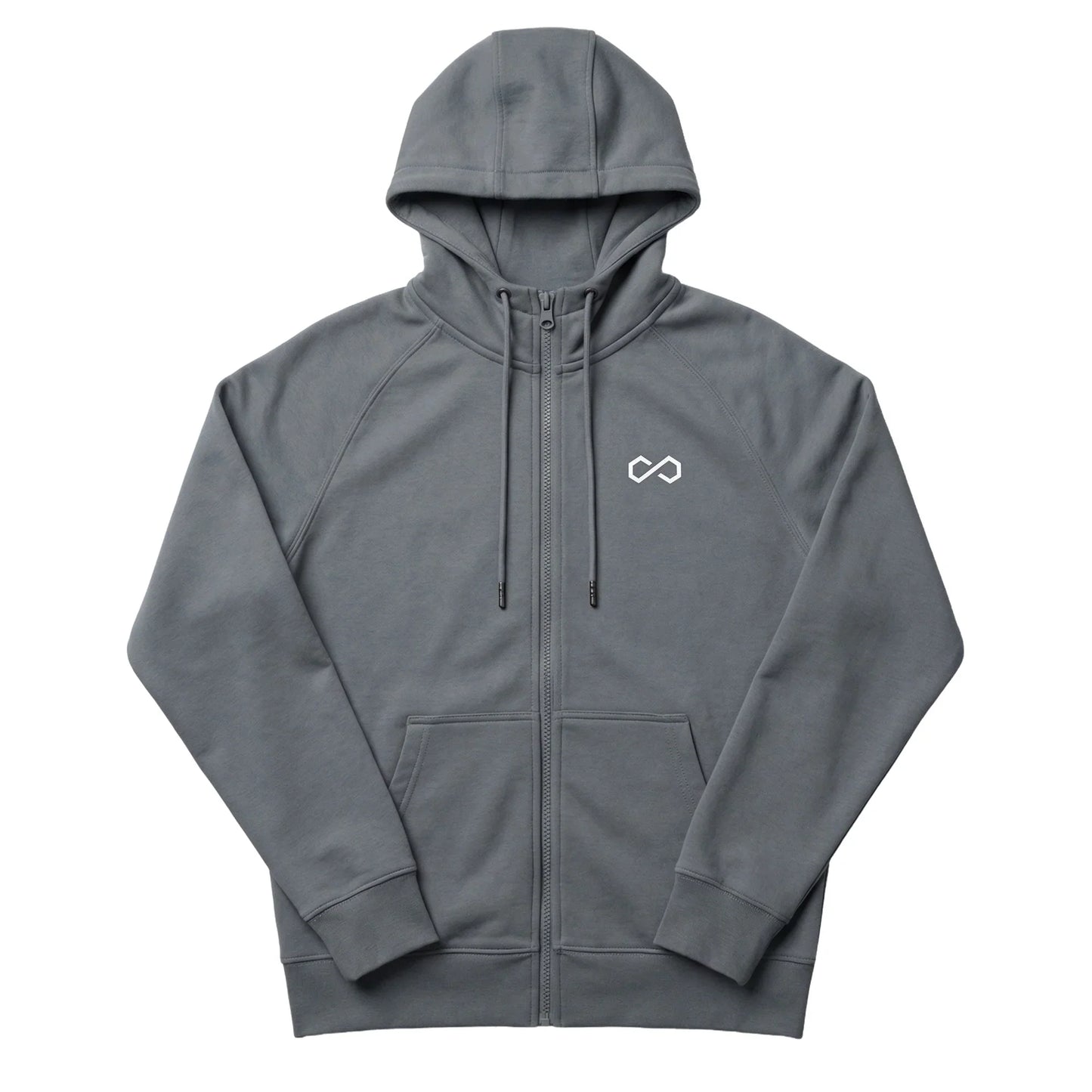 Veste à capuche grise zippée avec logo minimaliste blanc, poches avant, style sport lifestyle