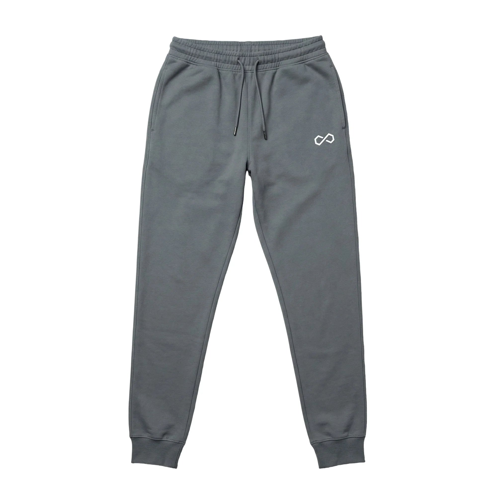 Jogging gris homme, coupe ajustée, poches latérales, cordon à la taille, logo brodé blanc