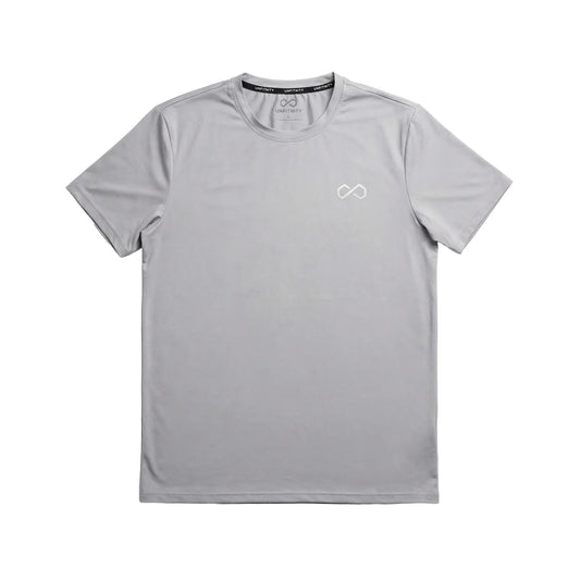 T-shirt gris minimaliste à manches courtes pour homme, logo discret sur la poitrine