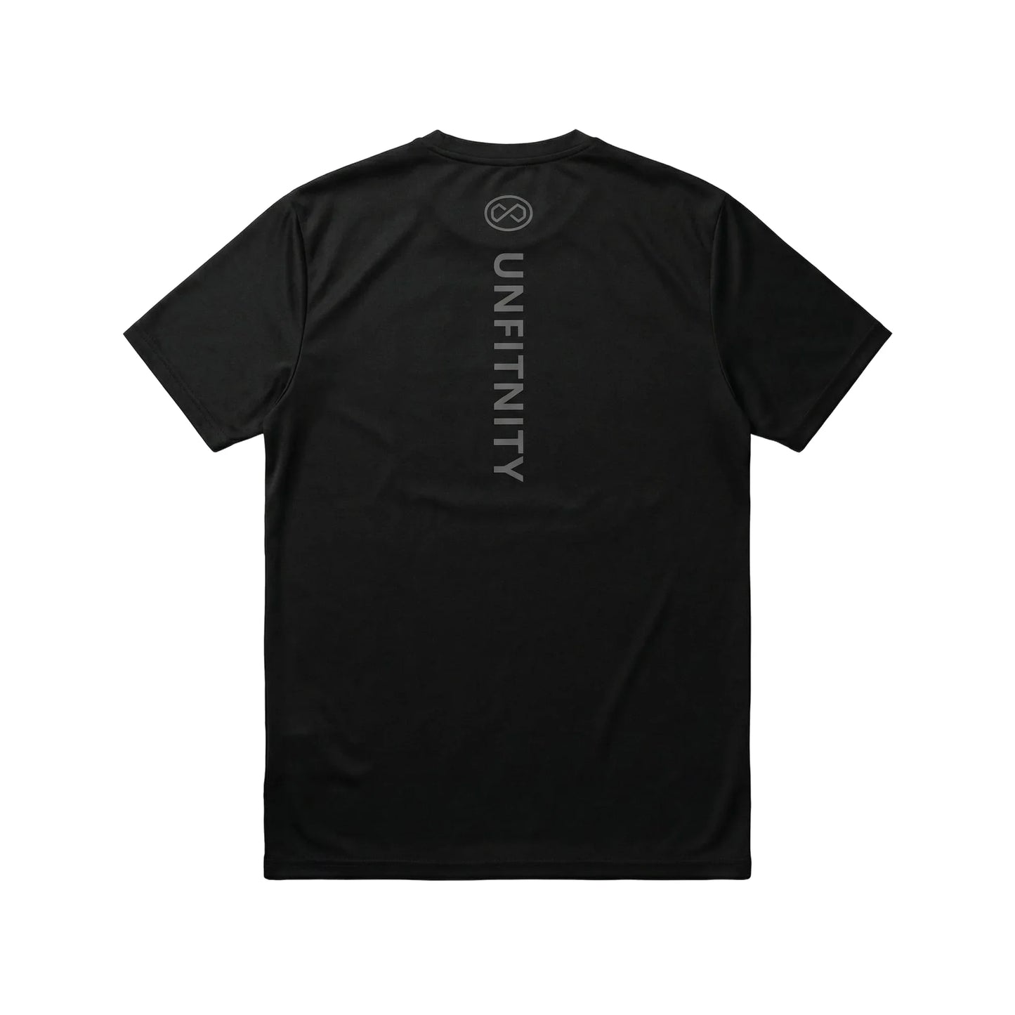 T-shirt noir dos, inscription verticale, manches courtes, style minimaliste sport.