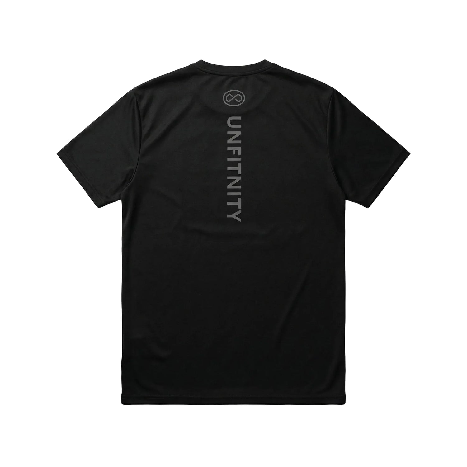 T-shirt noir dos, inscription verticale, manches courtes, style minimaliste sport.