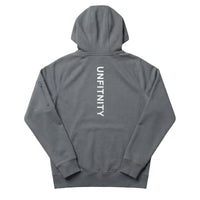 Veste à capuche grise dos, inscription verticale blanche, style sport minimaliste.