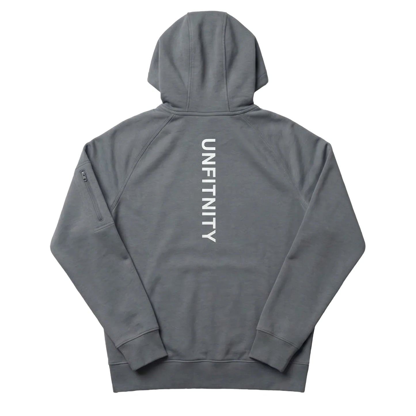 Veste à capuche grise dos, inscription verticale blanche, style sport minimaliste.