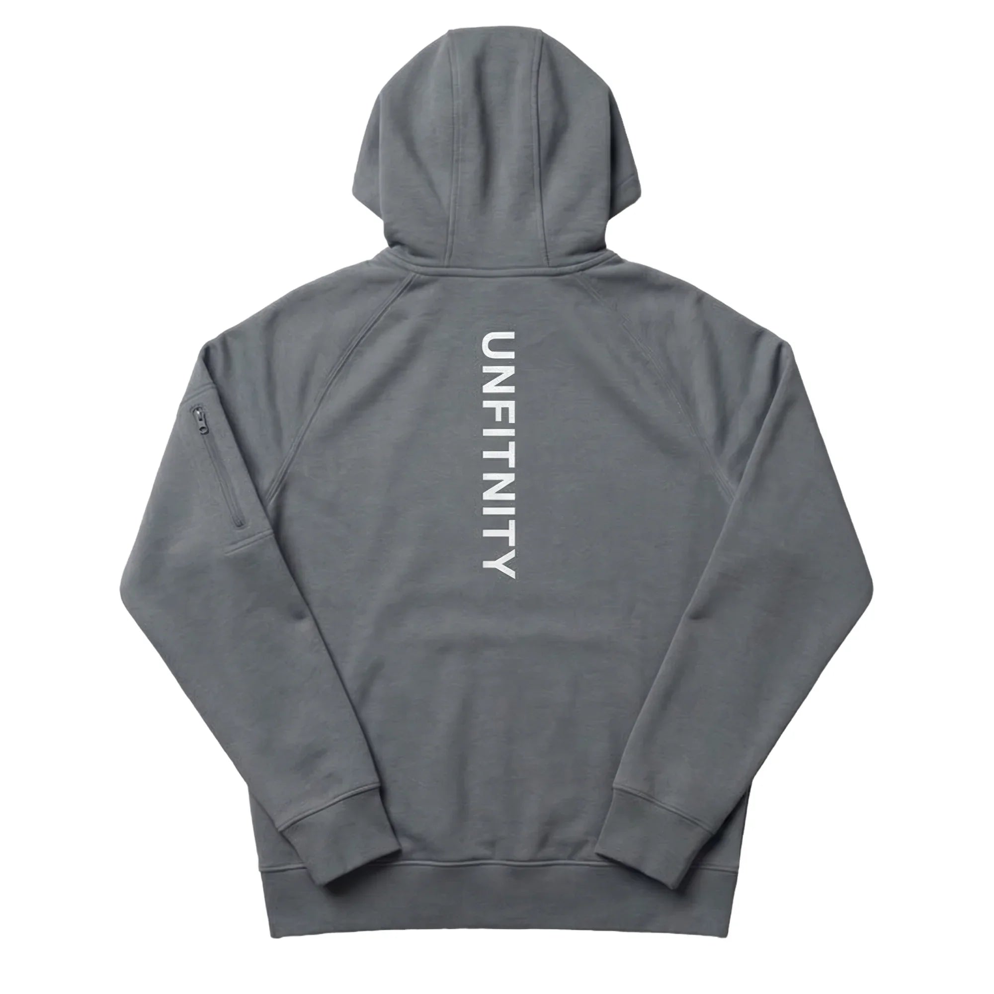 Veste à capuche grise dos, inscription verticale blanche, style sport minimaliste.