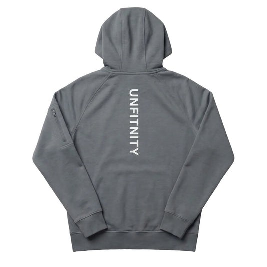 Veste à capuche grise dos, inscription verticale blanche, style sport minimaliste.