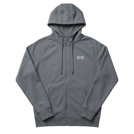 Veste à capuche grise zippée avec logo minimaliste blanc, poches avant, style sport lifestyle