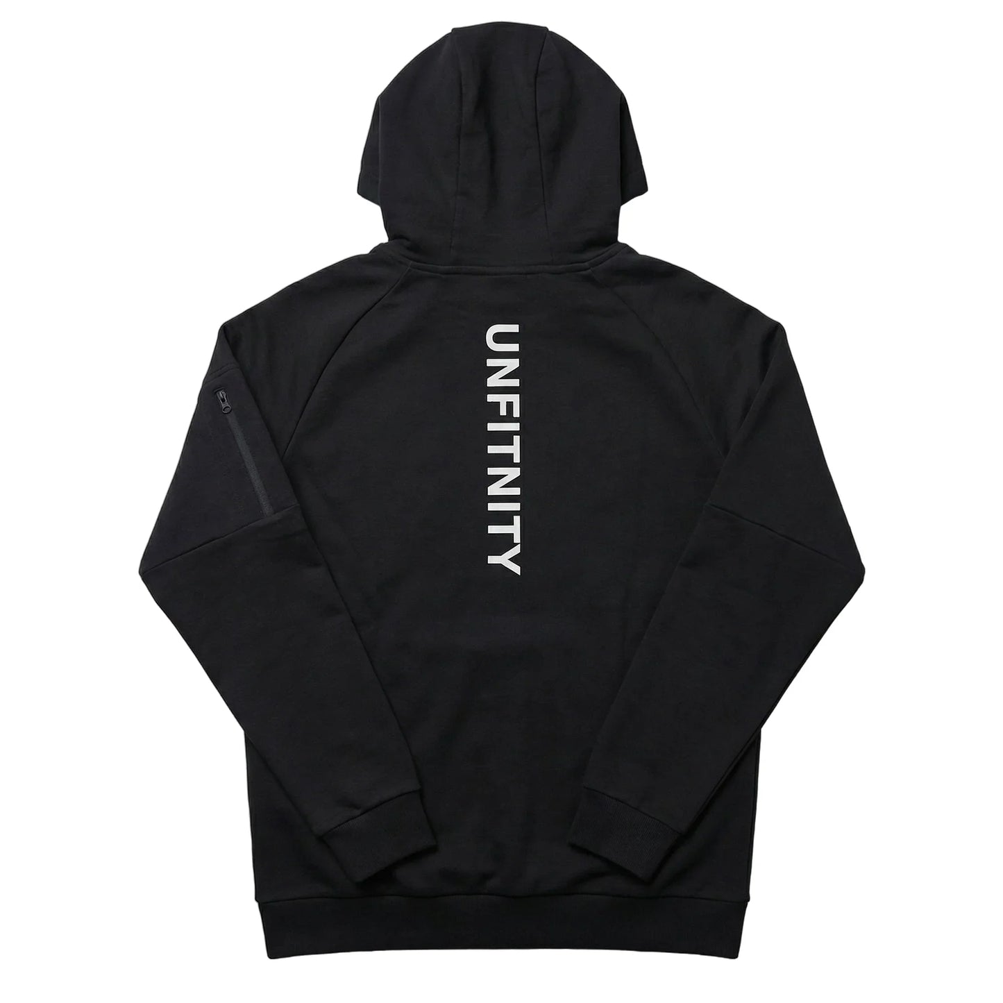 Veste à capuche noire vue de dos avec inscription verticale blanche, style minimaliste sport.