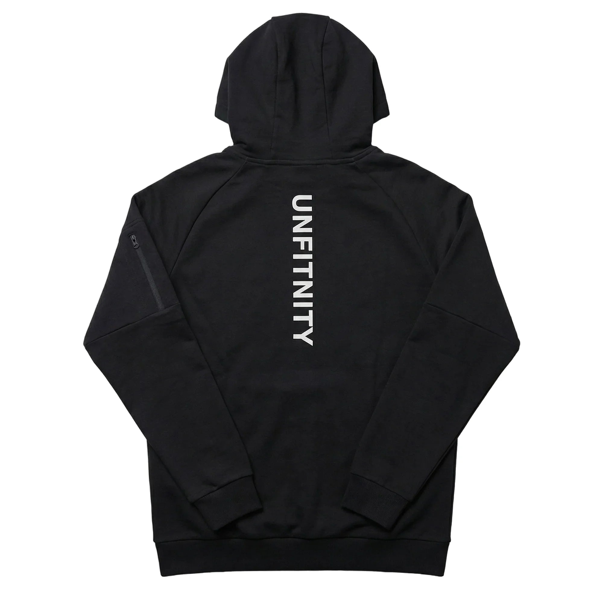 Veste à capuche noire vue de dos avec inscription verticale blanche, style minimaliste sport.