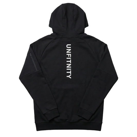 Veste à capuche noire vue de dos avec inscription verticale blanche, style minimaliste sport.