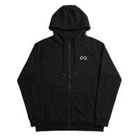 Veste à capuche noire zippée, logo minimaliste blanc, poches avant, style sport homme.