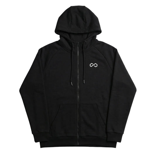 Veste à capuche noire zippée, logo minimaliste blanc, poches avant, style sport homme.