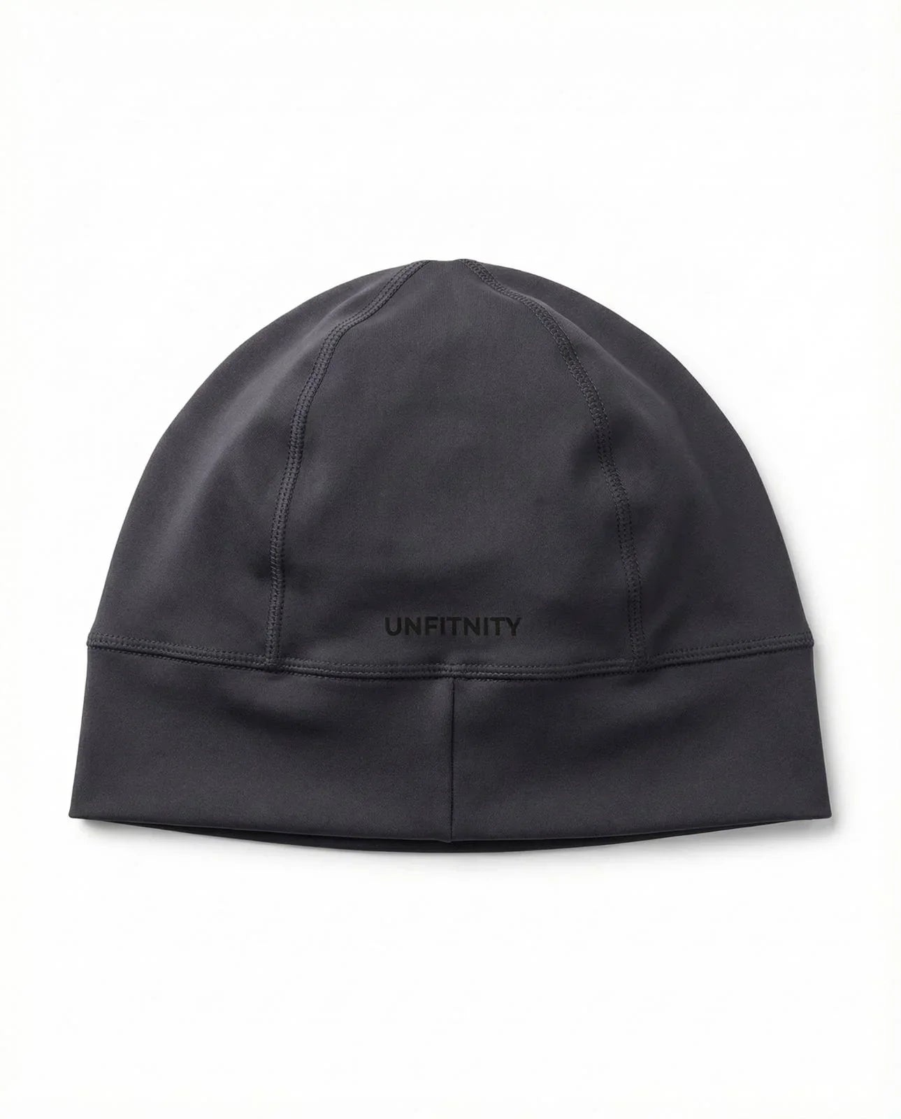 Bonnet gris minimaliste en tissu stretch, vu de dos, logo UNFITNITY centré.