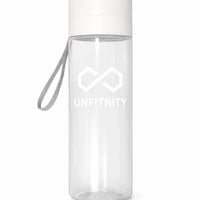 Gourde transparente avec bouchon blanc, poignée grise et logo minimaliste imprimé