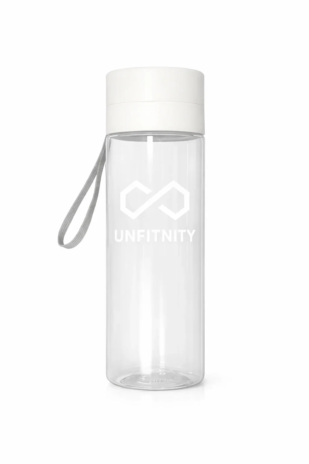 Gourde transparente avec bouchon blanc, poignée grise et logo minimaliste imprimé