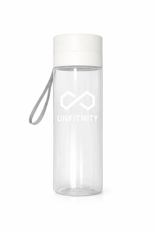 Gourde transparente avec bouchon blanc, poignée grise et logo minimaliste imprimé