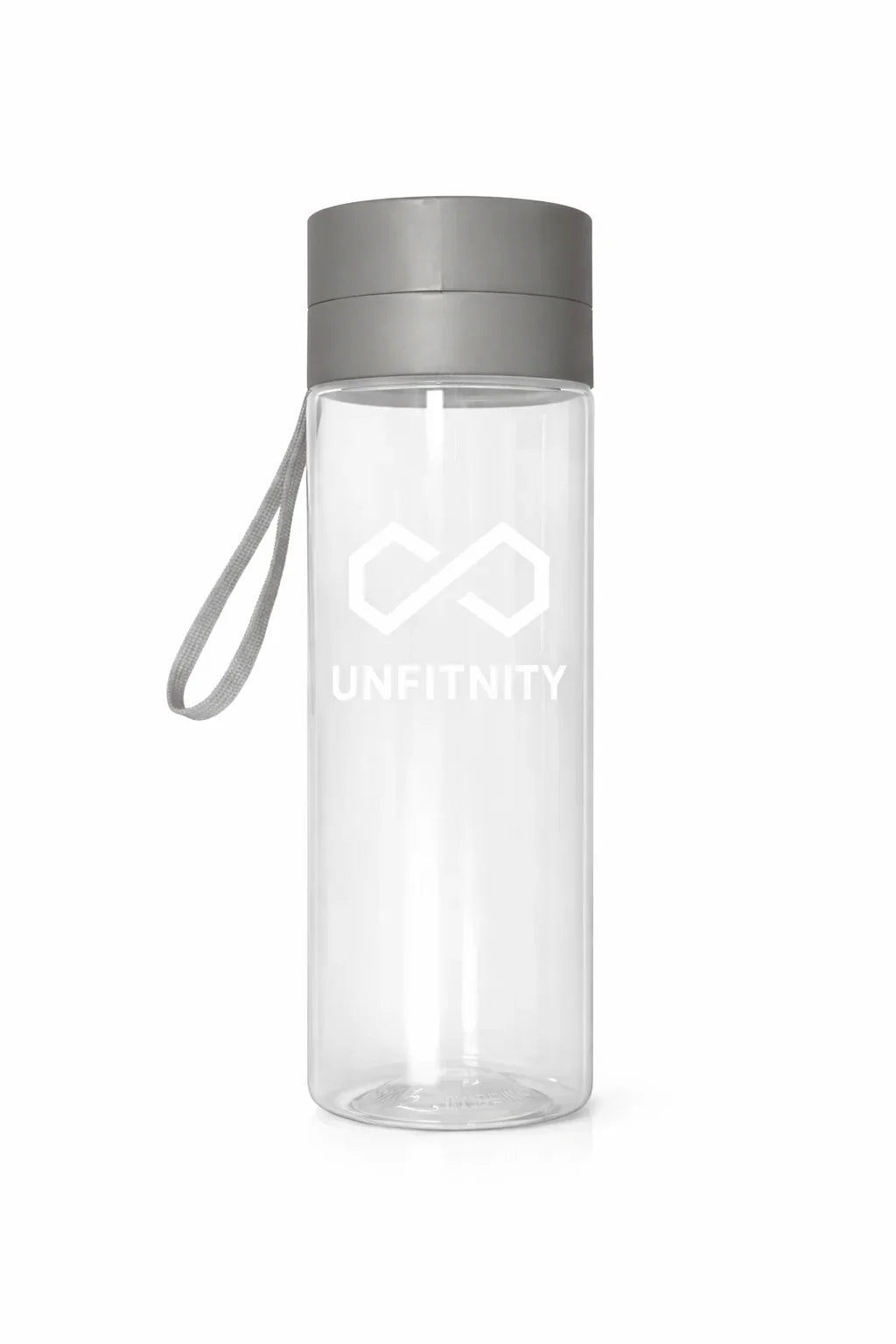 Gourde transparente avec bouchon gris et dragonne, adaptée sport et lifestyle.