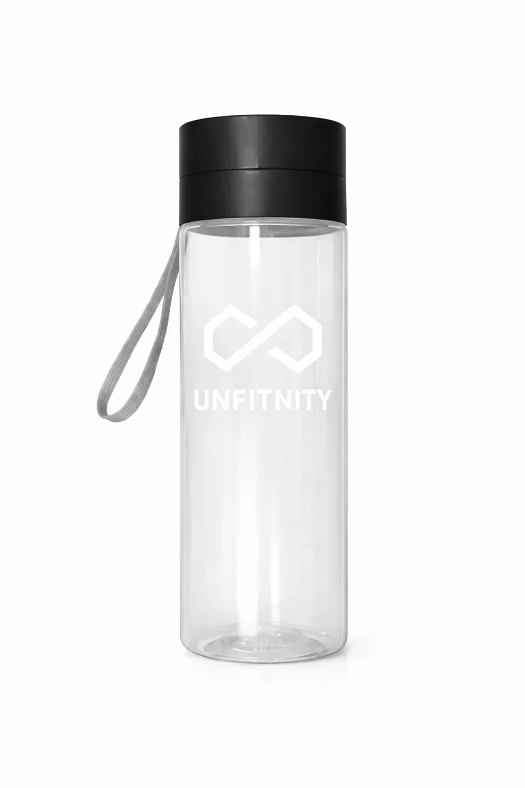 Gourde transparente avec bouchon noir, poignée tissu et logo blanc, accessoire sport utile.